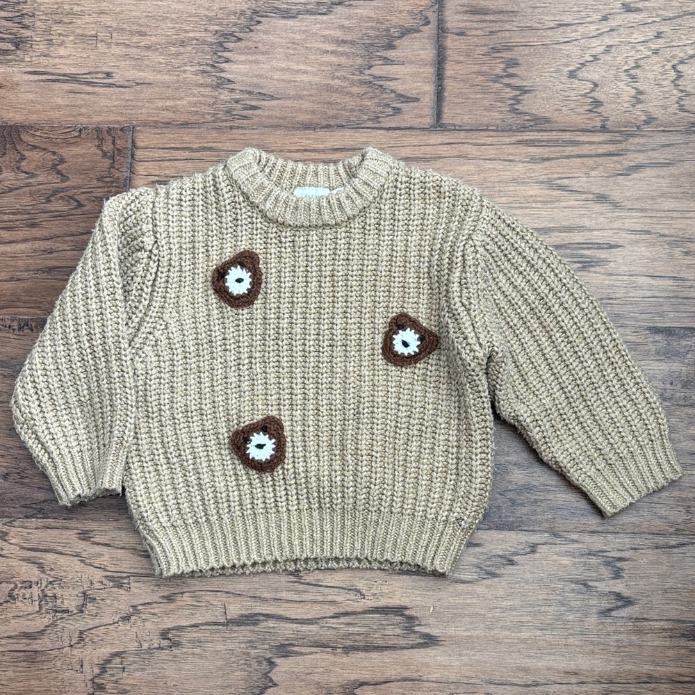 Tan Knit Sweater with Brown Bear Accents